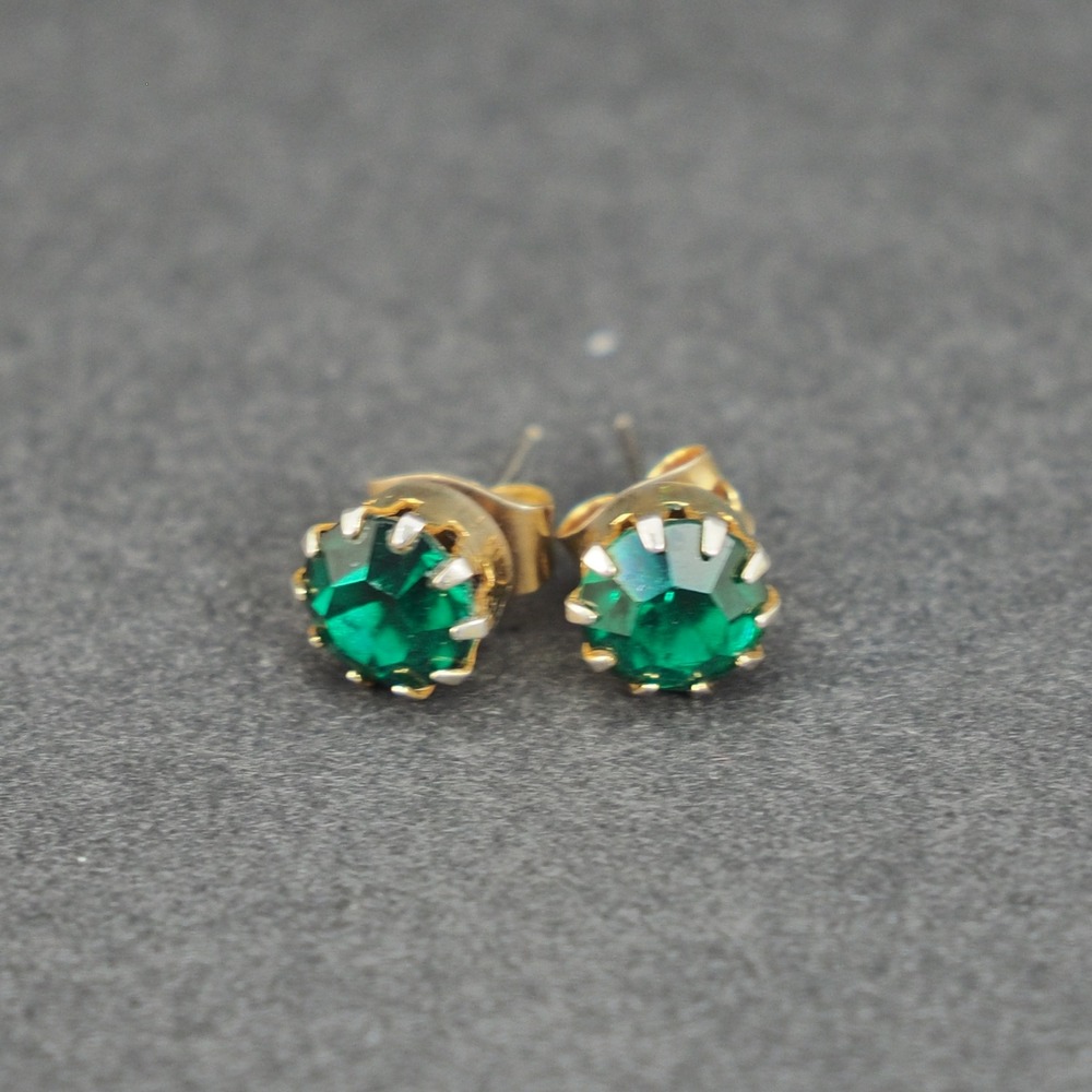 Vintage Earrings Pierced Stud Green Birthstone May Gold Tone Round Prong Set